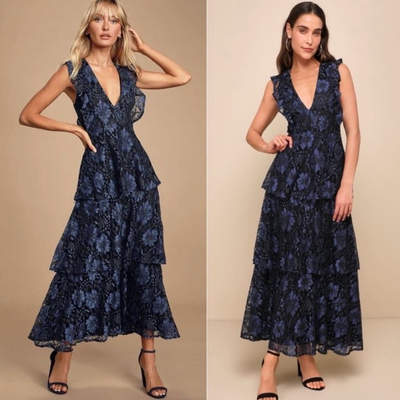 Lulu's Molinetto Midnight Blue Floral Lace Maxi Dress - Picture 1 of 12